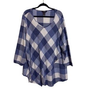 Ali Miles Size 2X Blue White Check Plaid Tunic Top Artsy Long Sleeve Scoop Neck
